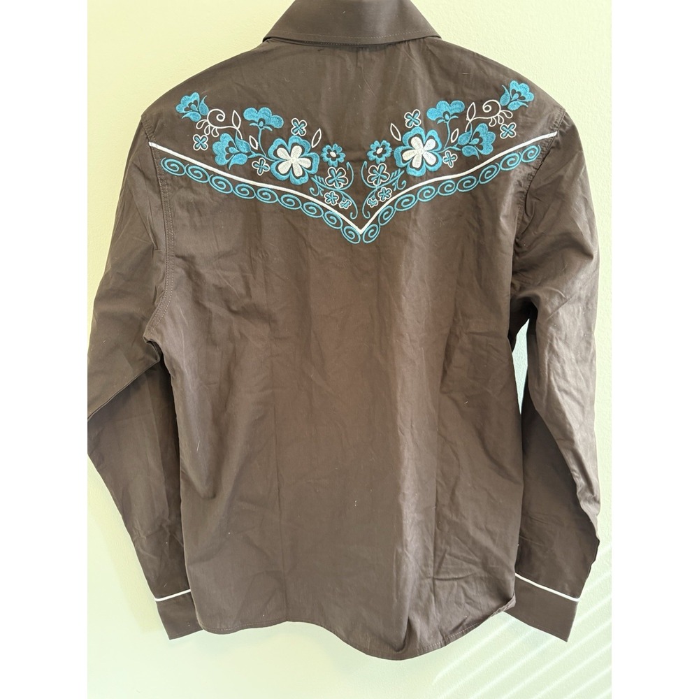 Salvage Oeste Cowboy Western Shirt Floral Embroidery Brown Size L - Picture 7 of 8